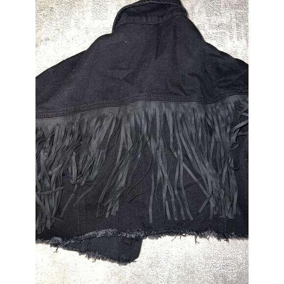 Black Denim Cropped Jacket Fringed Western Style Long Sleeve - Picture 7 of 7